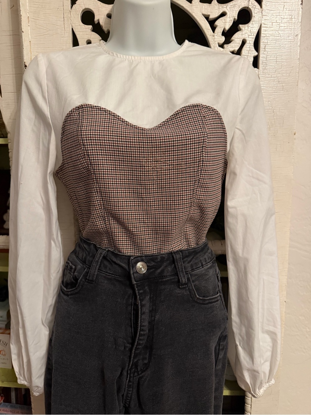 H&M White Long-Sleeve Top with Brown Houndstooth Bustier
